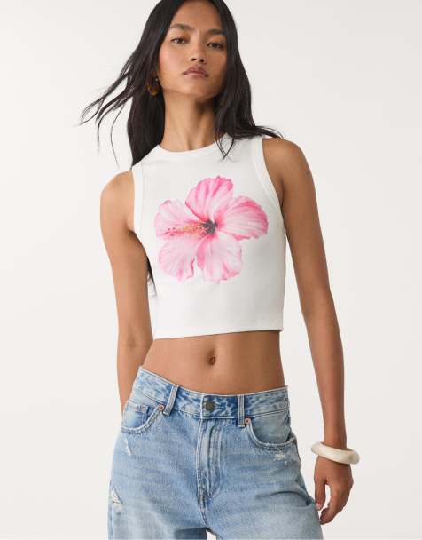 Stradivarius - Ecrufarvet top med racerryg og hibiscus-print - view 1