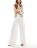 [Stradivarius] Stradivarius elasticated waist crinkle wide leg pants in white L WHITE