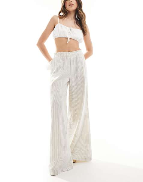 Stradivarius elasticated waist crinkle wide leg trouser in ecru stripe - view 1