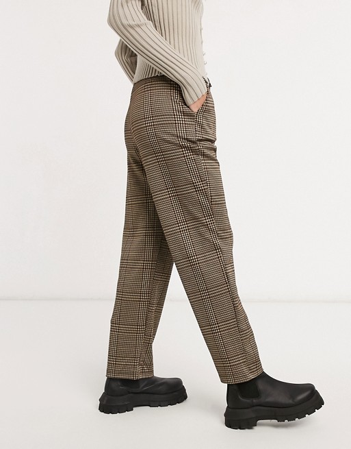 Stradivarius elasticated waist trousers in brown check
