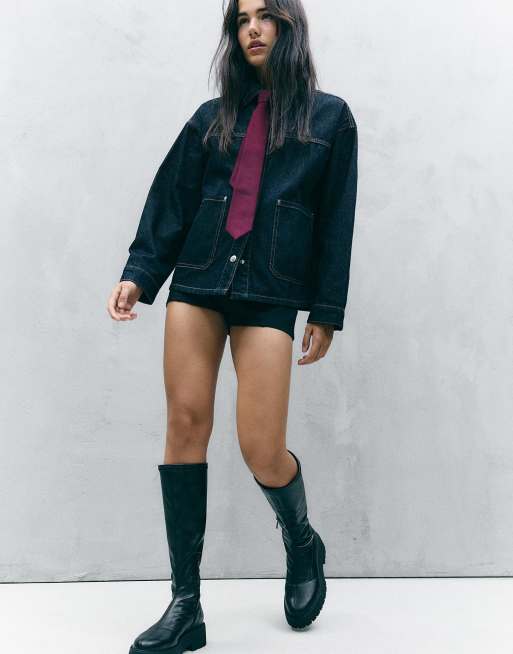 Stradivarius – Elastische, kniehohe Stiefel in Schwarz mit Profilsohle