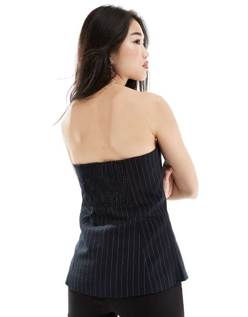 Stradivarius – Elegantes, trägerloses Longline-Oberteil in Marineblau mit Nadelstreifen, 3 von 4