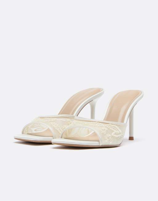 Stradivarius Embellished heeled sandals in white in ecru, 2 of 4
