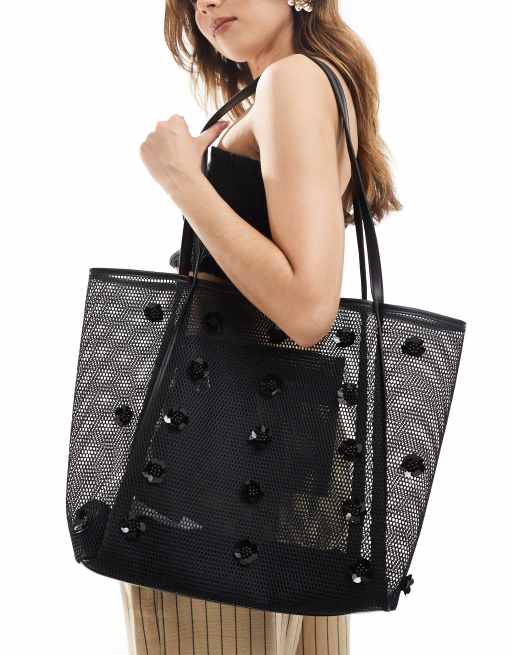 Stradivarius embellished large mesh shopper bag in black 