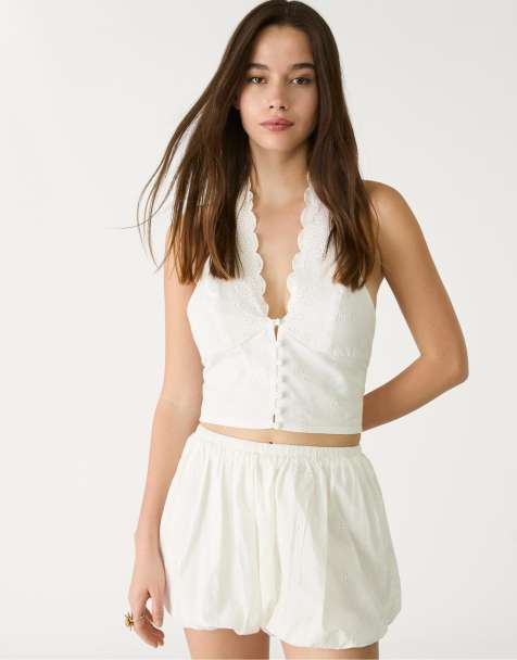 Stradivarius embroidered balloon shorts in white - view 1