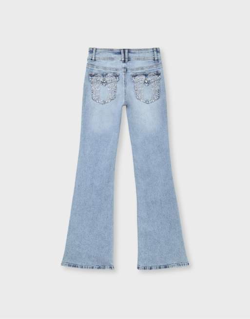 Stradivarius Embroidered bell bottom jeans with pockets in medium blue denim, 7 of 7