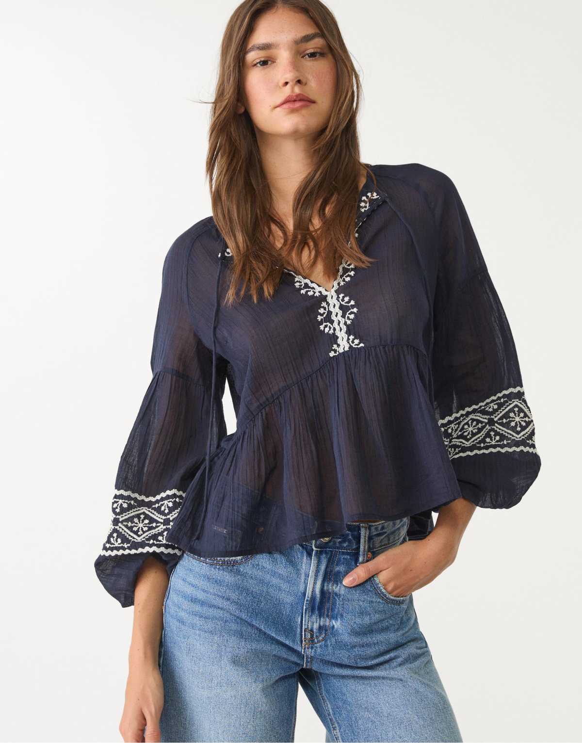 Stradivarius  embroidered blouse in navy blue