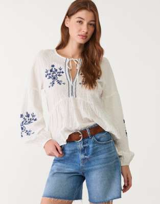 Stradivarius embroidered blouse in white
