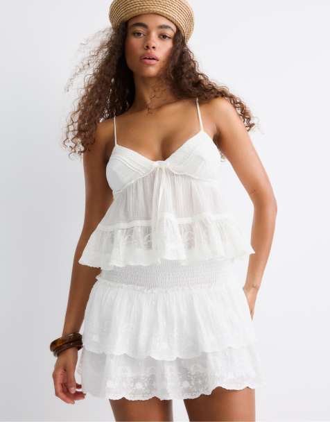 Stradivarius Embroidered flowing strappy top in ecru - view 1