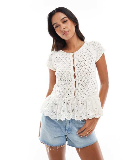 Stradivarius embroidered frill hem knitted top in ecru - view 1