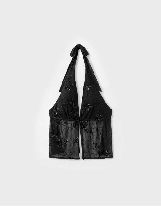 Stradivarius Embroidered halter top with rhinestones in black, 6 of 7