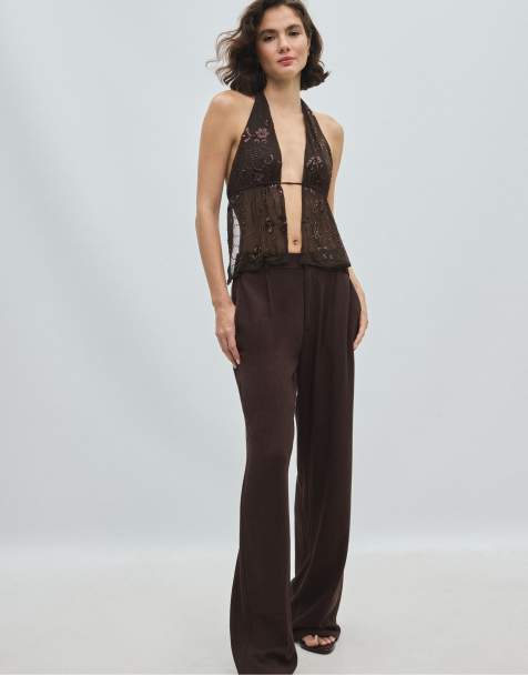 Stradivarius Embroidered halter top with rhinestones in brown - view 1