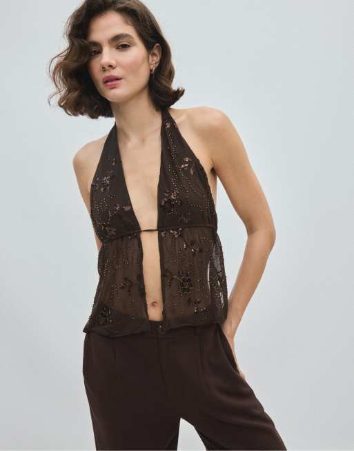 Stradivarius Embroidered halter top with rhinestones in brown, 2 of 7