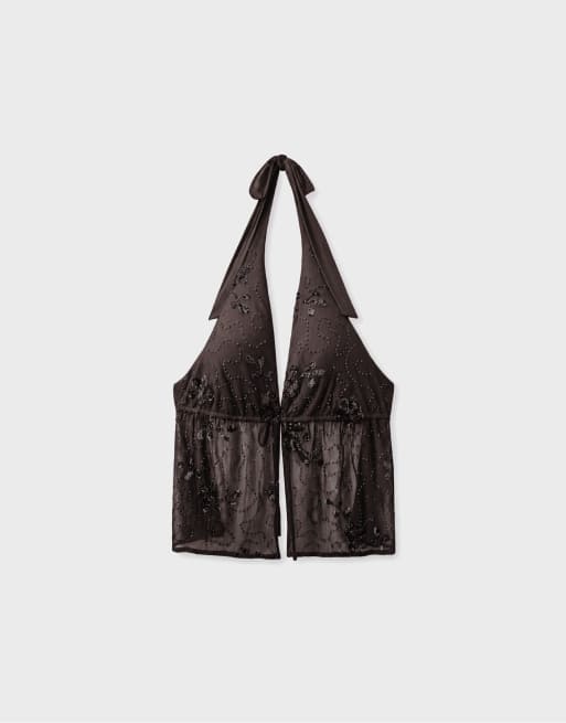 Stradivarius Embroidered halter top with rhinestones in brown, 6 of 7