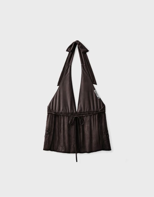 Stradivarius Embroidered halter top with rhinestones in brown, 7 of 7