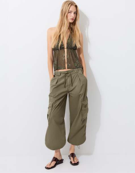 Stradivarius Embroidered halter top with rhinestones in khaki - view 1