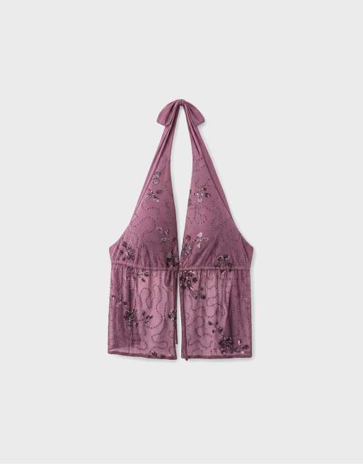 Stradivarius Embroidered halter top with rhinestones in purple, 6 of 7