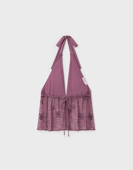 Stradivarius Embroidered halter top with rhinestones in purple, 7 of 7