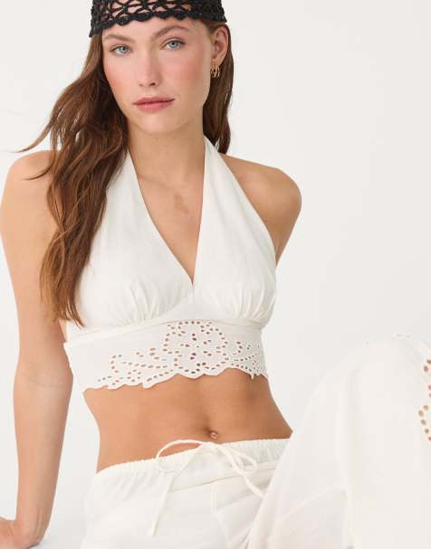 Stradivarius embroidered linen blend halter top in ecru - view 1