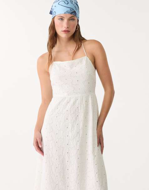 Stradivarius embroidered midi dress in white - view 1