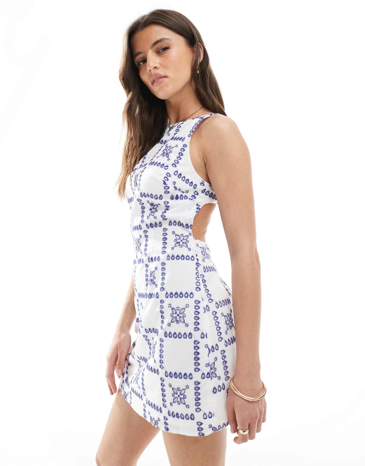 Stradivarius embroidered mini dress in blue tile print