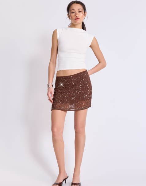 Stradivarius Embroidered mini skort in brown