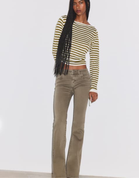 Stradivarius Embroidered pocket bell bottom jeans in khaki - view 1