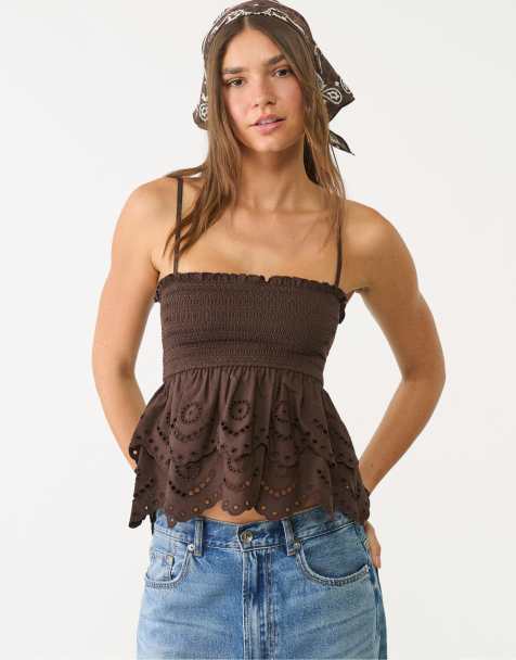 Stradivarius embroidered ruffled top in brown - view 1