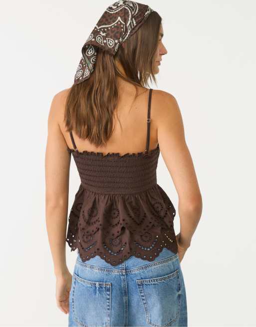 Stradivarius embroidered ruffled top in brown, 2 of 4