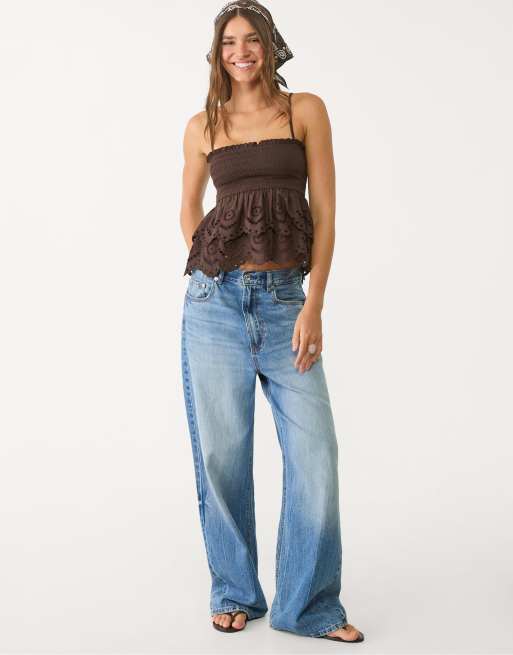 Stradivarius embroidered ruffled top in brown, 4 of 4