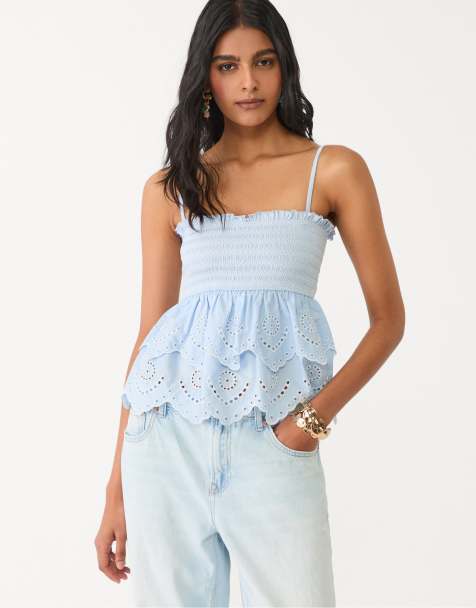 Stradivarius embroidered ruffled top in sky blue - view 1