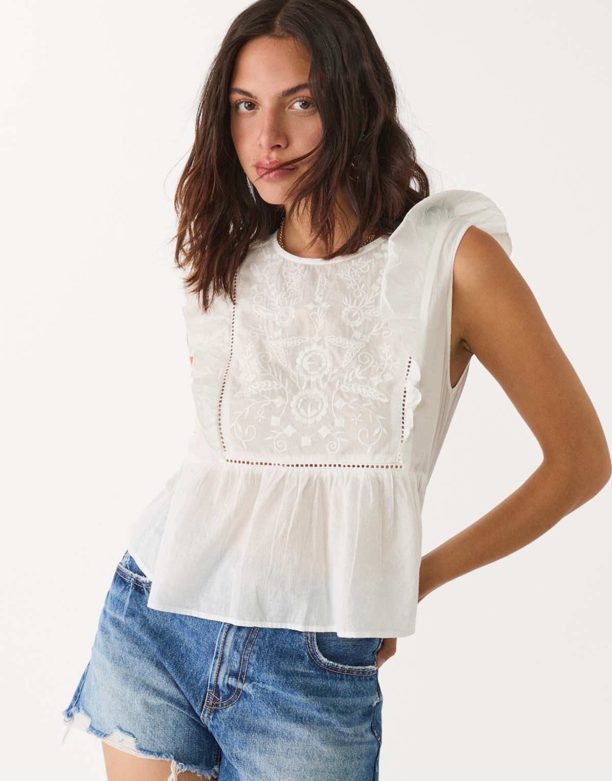Stradivarius embroidered ruffled top in white