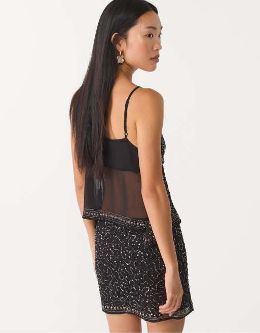 Stradivarius embroidered strappy top in black