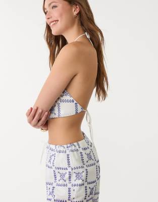 Stradivarius embroidered top halter in blue  - view 1