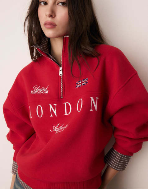 Stradivarius Embroidered zip-up sweatshirt in red - view 1