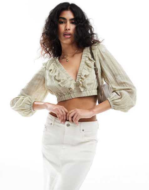 Stradivarius embroidery blouse with lace up back detail in khaki - view 1