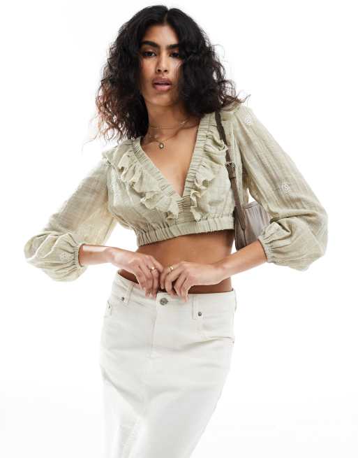 Stradivarius Embroidery Blouse With Lace Up Back Detail In Khaki 