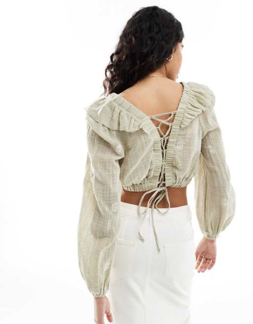 Stradivarius embroidery blouse with lace up back detail in khaki, 2 of 4