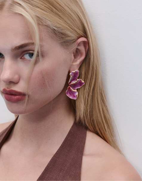 Stradivarius Enamelled fan earrings in fuchsia - view 1