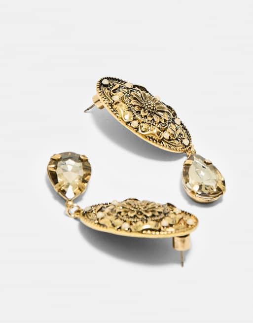Stradivarius Engraved teardrop earrings in khaki, 4 of 4