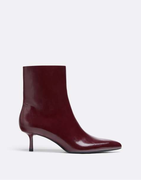 Stradivarius enkellaarzen met krokodillenlook en kitten heel in bordeauxrood - view 1
