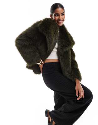 exaggerated collar detail faux fur jacket in khaki-Green