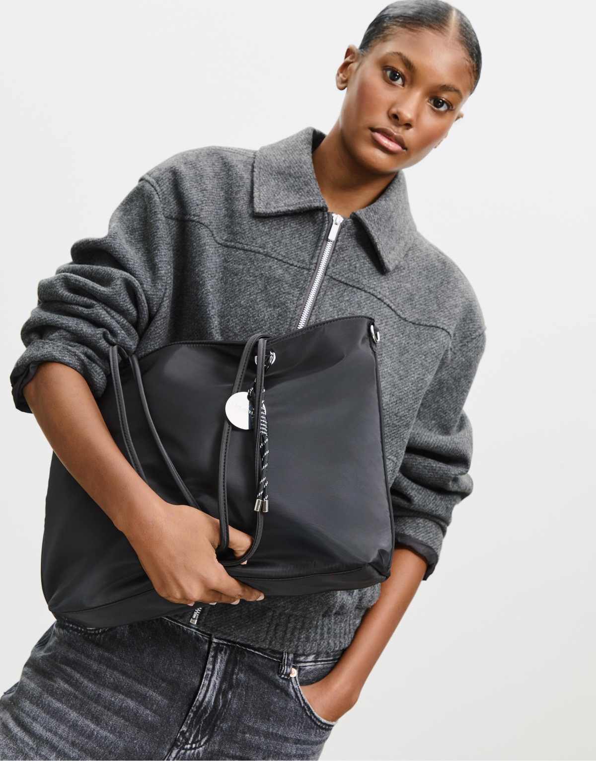 Stradivarius Fabric shopper bag with charm in black