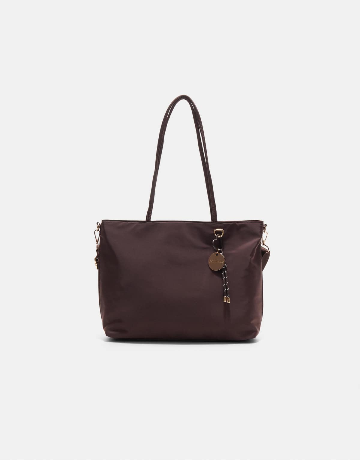 Stradivarius Fabric shopper bag with charm in brown