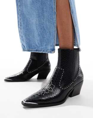 faux croc heeled ankle boots in black