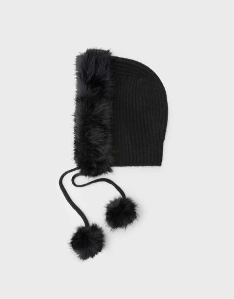 Stradivarius Faux fur balaclava in black - view 1
