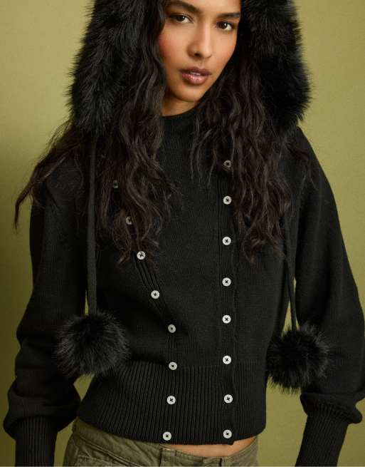 Stradivarius Faux fur balaclava in black, 2 of 4