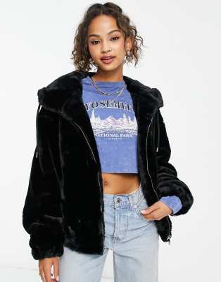 Stradivarius faux fur bomber jacket in black
