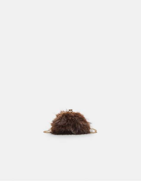 Stradivarius Faux fur clutch bag in brown - view 1