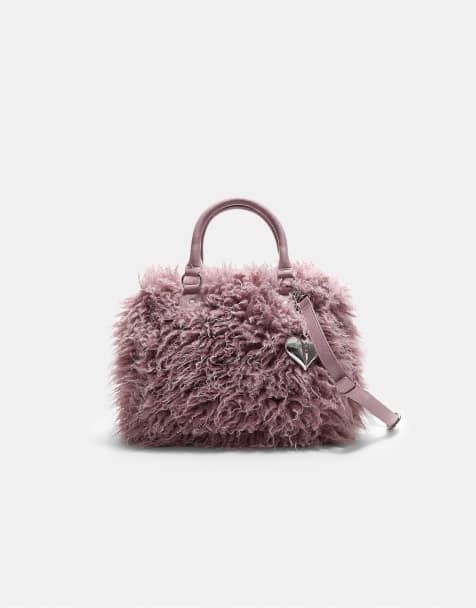 Stradivarius Faux fur heart bowling bag in mauve - view 1